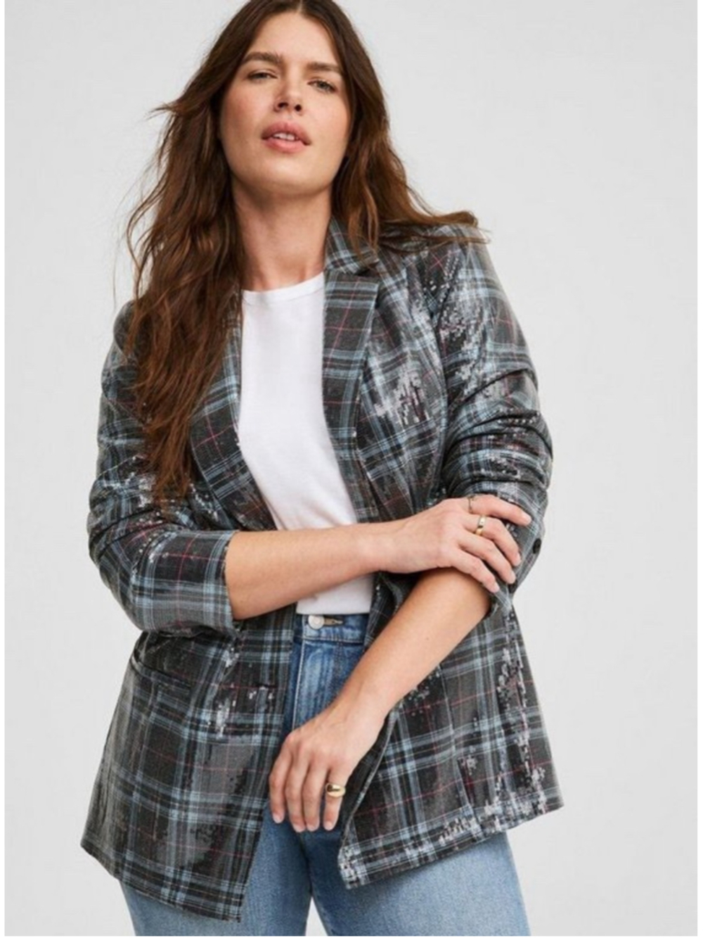 Torrid Sequin Shimmer Plaid Front Button Blazer Academia Size 1 14-16